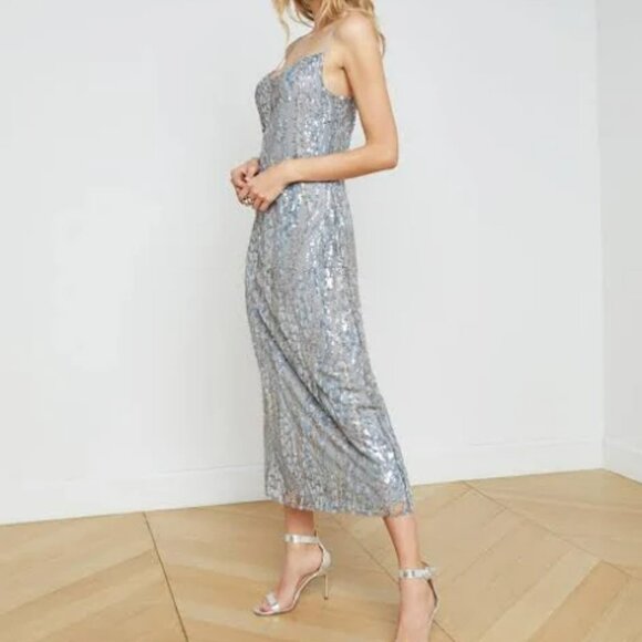 L'AGENCE Achilles Cowlneck Slip Midi-Dress SILVER BLUE SEQUIN Size 4 - Picture 2 of 12